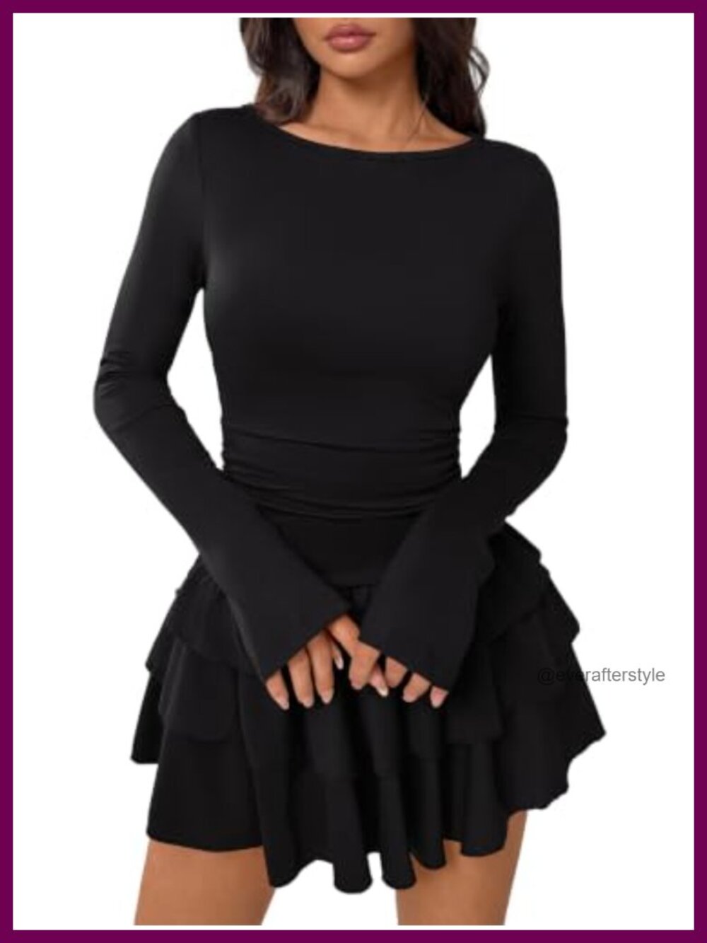 Long Sleeve Bodycon Mini Dress Ruched Waist Ruffle Hem Party